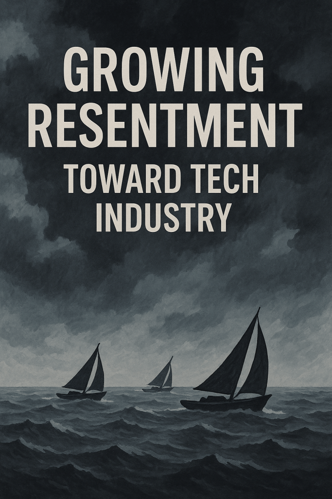 An artistic depiction of three sailing boats navigating a turbulent sea under a dark, overcast sky, with the text 'GROWING RESENTMENT TOWARD TECH INDUSTRY' prominently displayed.