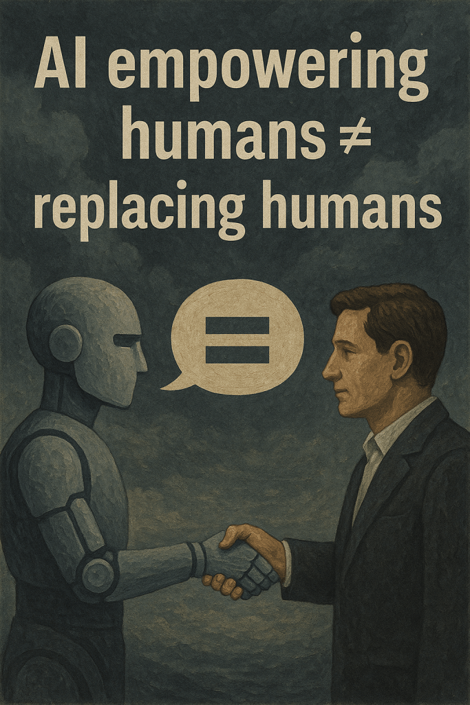 A robot and a human man shaking hands with the phrase 'AI empowering humans ≠ replacing humans' in bold letters above them.