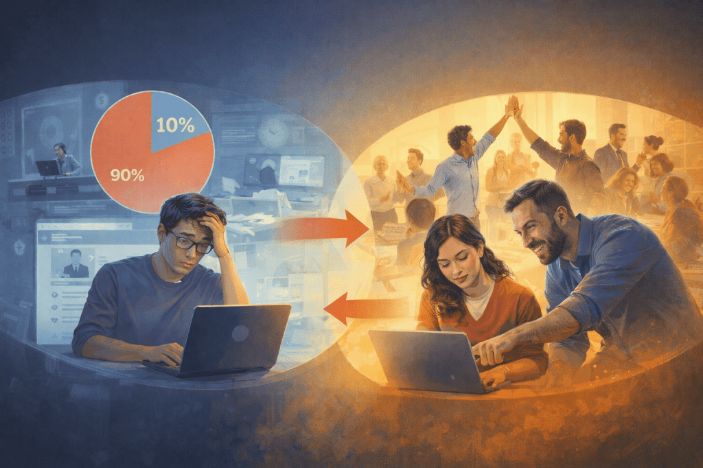 An illustration contrasting two learning environments: one depicts a frustrated student struggling with online learning alone, while the other shows a collaborative group of learners receiving support and celebrating achievements.