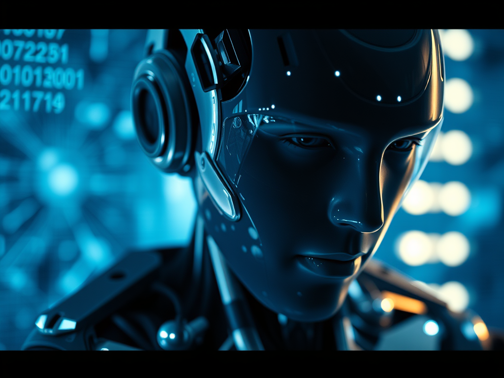 Close-up of a futuristic humanoid robot with headphones, blue glowing accents, and a digital circuit background.